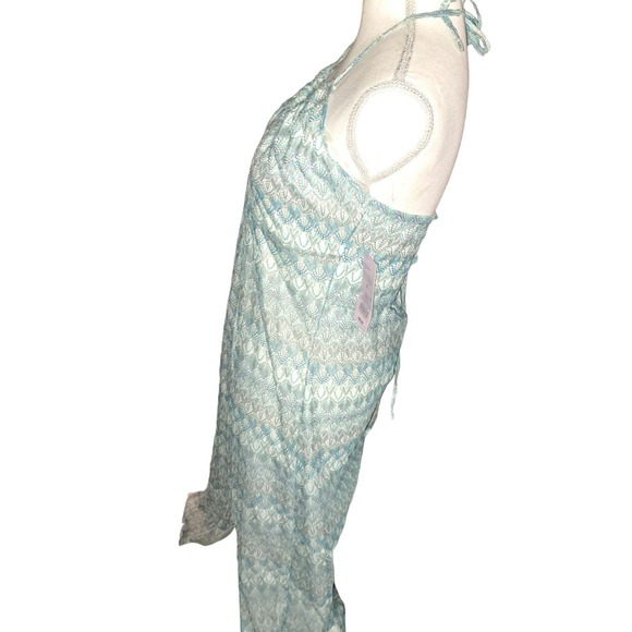 NWT- Sz L Gorgeous Aqua & Silver Knitted Low back Sleeveless Ruched Dress - Picture 12 of 13